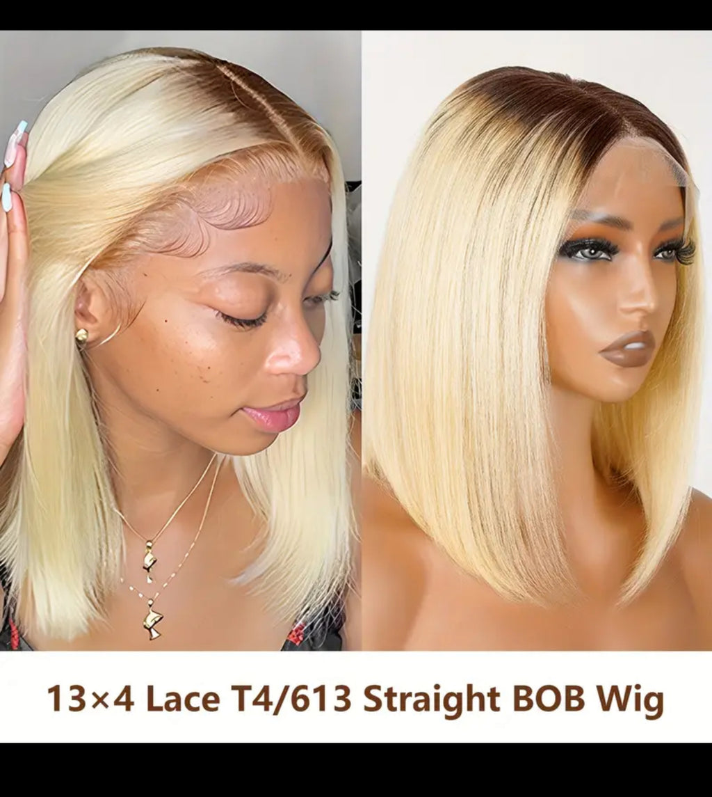 BeautyEllaHair Ombre Blonde Short Bob Wig 13x4 Lace Front Human Hair Wigs for Women 4/613 Blonde Short Bob 13X4 Lace Frontal Human Hair Wigs 150% Density