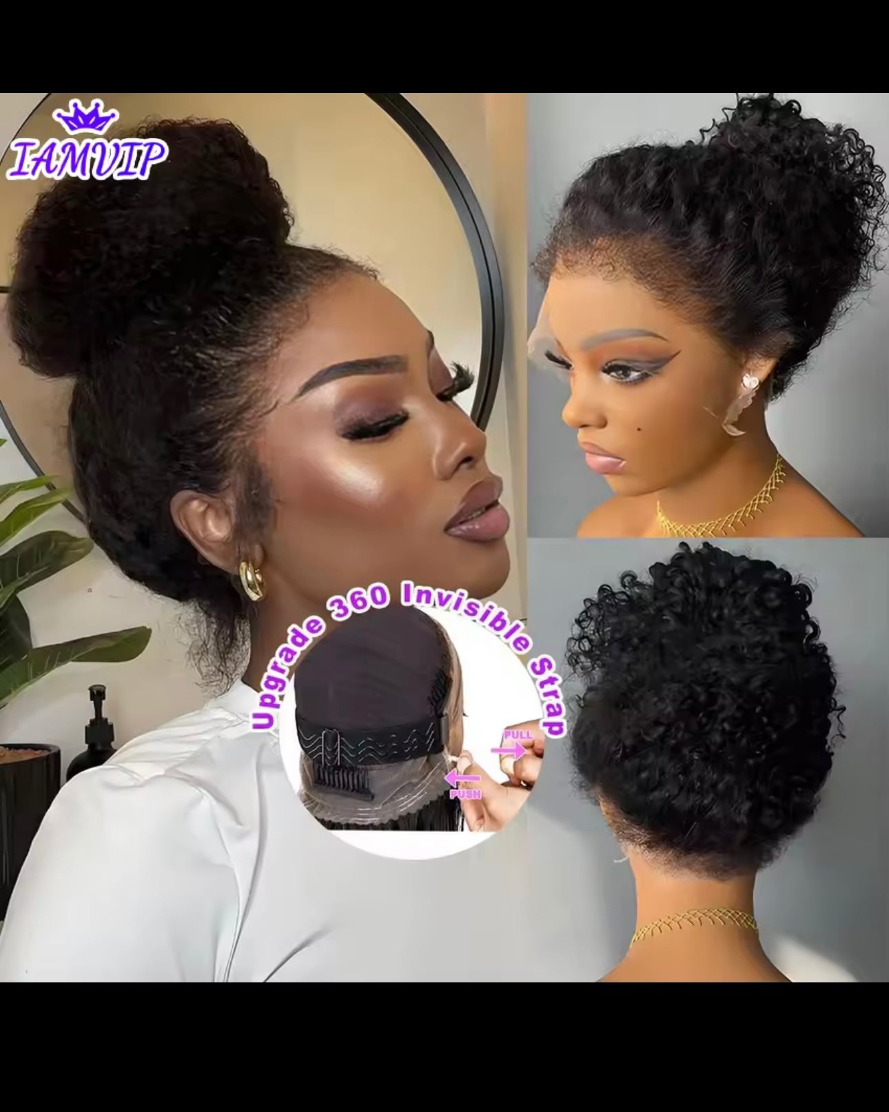 BeautyEllaHair 250 Density Invisi Strap 360 Full HD Lace Frontal Kinky Curly Wig Black Human Hair Drawstring Snug 30 inch Water Wig Glueless