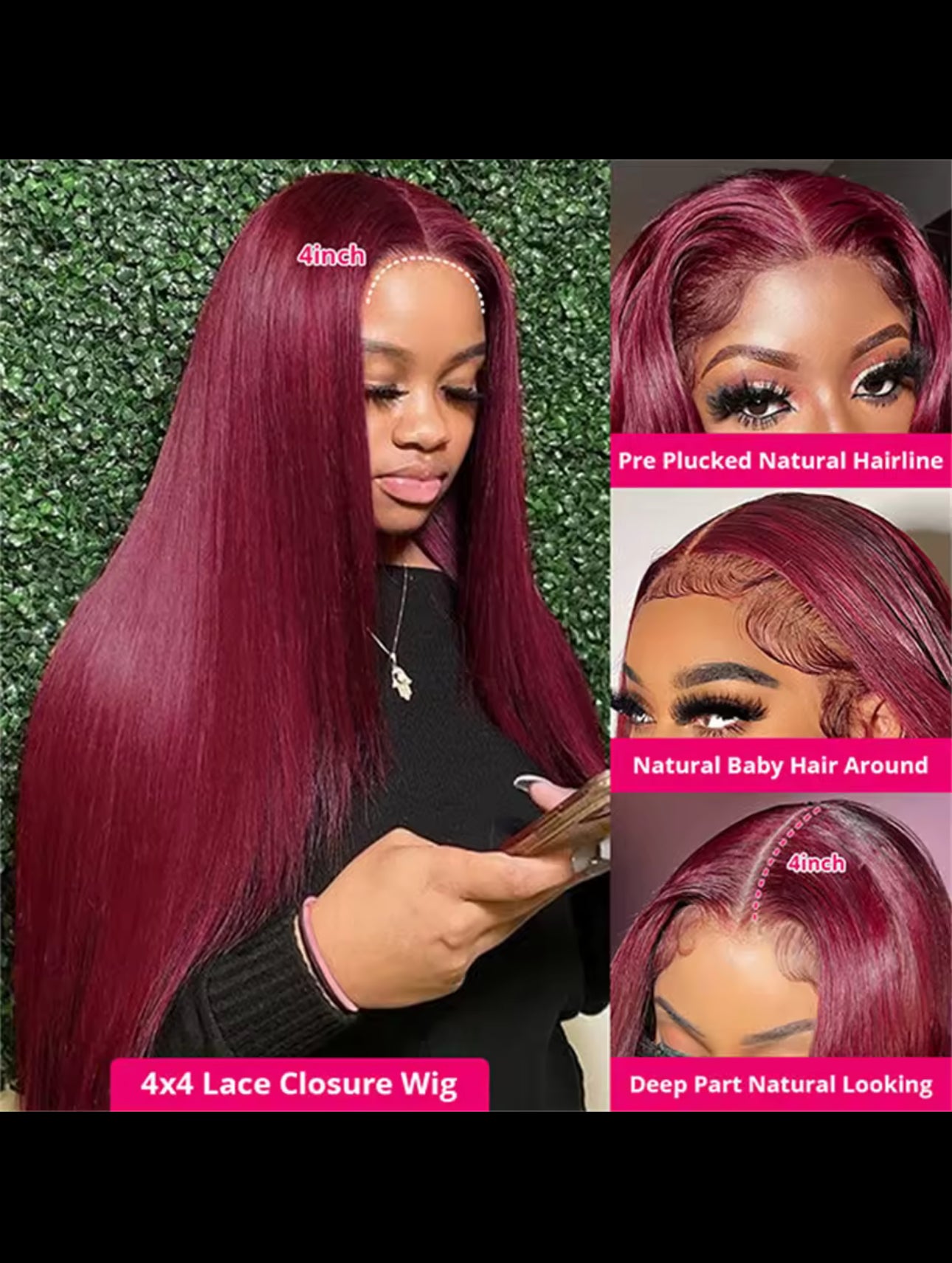 BeautyEllaHair Burgundy Transparent Lace Frontal Human Hair Wig Pre Plucked Red 99J Straight Colored 13x4 Lace Front Human Hair Wigs