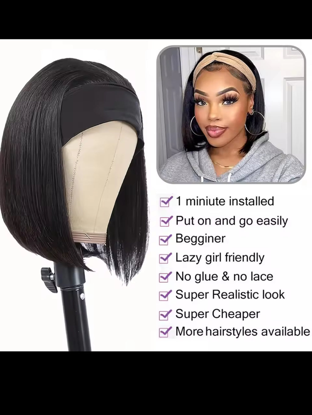Beautyellahair Headband Wig Human Hair Straight Bob Headband Wig 180% Remy Human Hair Wigs For Women Brazilian Ready To Wear Wig Machine Made
