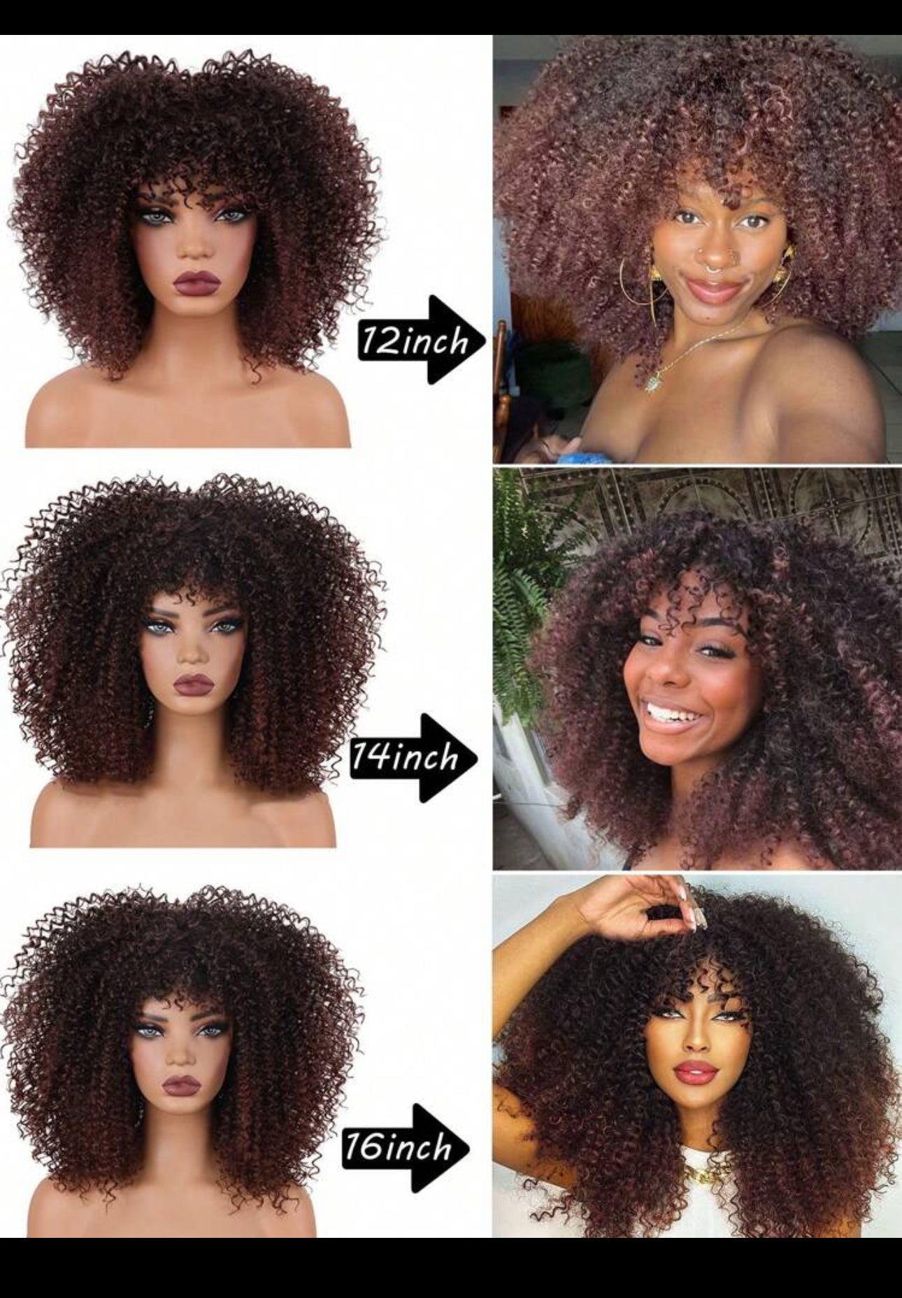 BeautyEllaHair Brown Wig Synthetic Heat Resistant Wigs Curly Wigs For Black Women Spring Curl Short Wigs With Bangs Brown 16 Inch - 12 Inch Heat Resistant Fiber Bangs Wig For Women Daily Used High Density Stylish Wigs